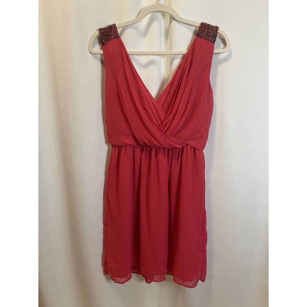 Zara Trafaluc Coral Red/Salmon Pink Chiffon Beaded Cocktail Dress S